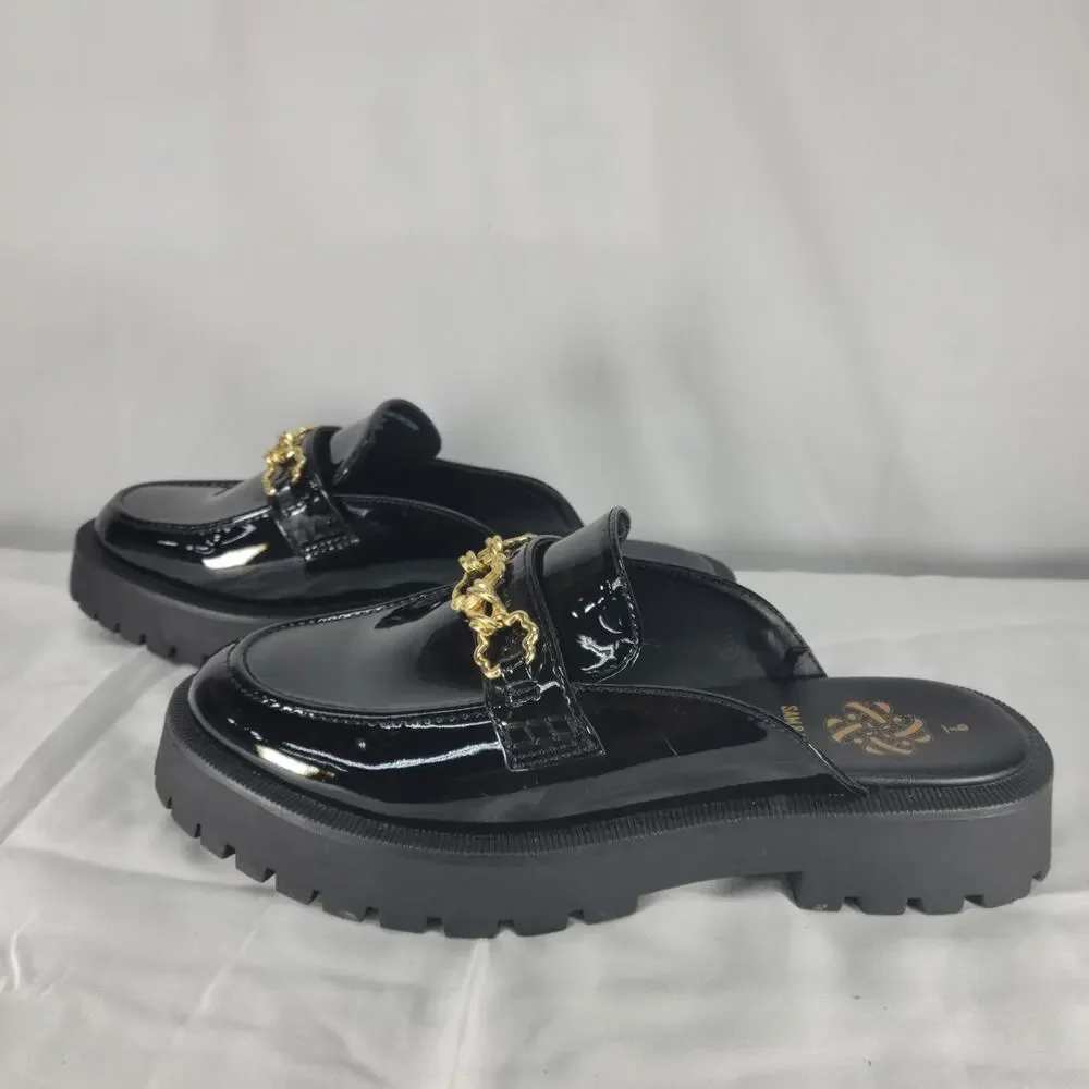Sam & Libby Womens Chain Loafers Size 9 Black Patent Lug Sole Slip On Shoes